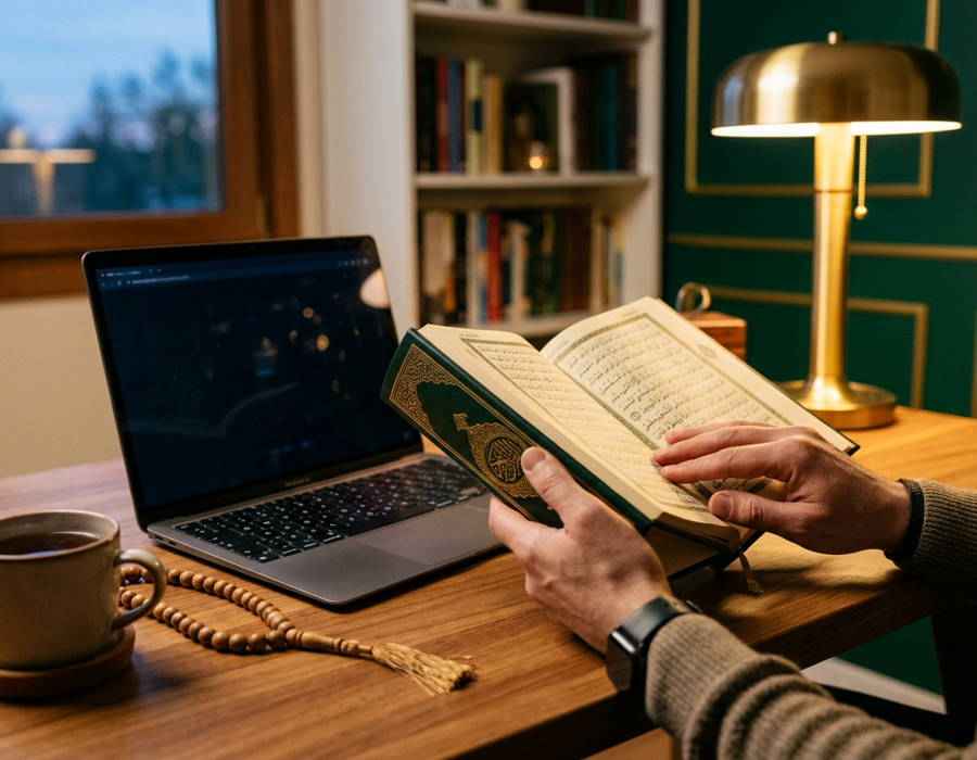 An adult reading the Quran at a desk beside a laptop, prayer beads and a cup of tea