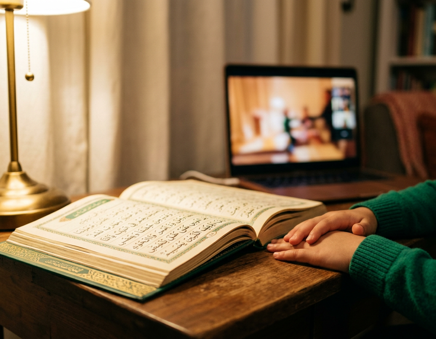 A child's hands beside an open Quran with an online class on a laptop in the background