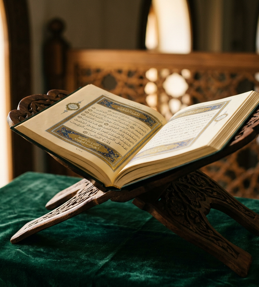 An open Holy Quran resting on a carved wooden stand on emerald velvet
